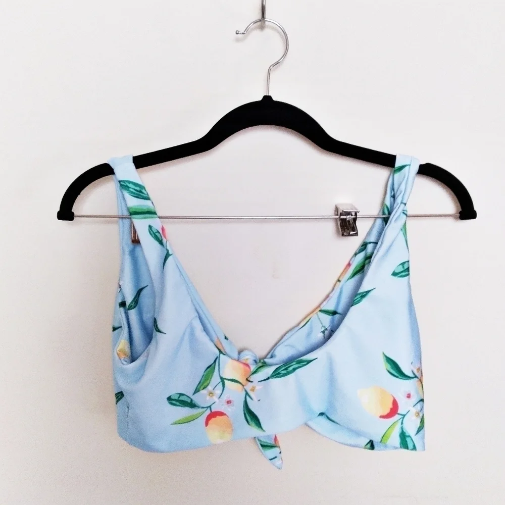 Unbranded Retro Tie Front Peach Print Baby Blue Bikini Top Size Small